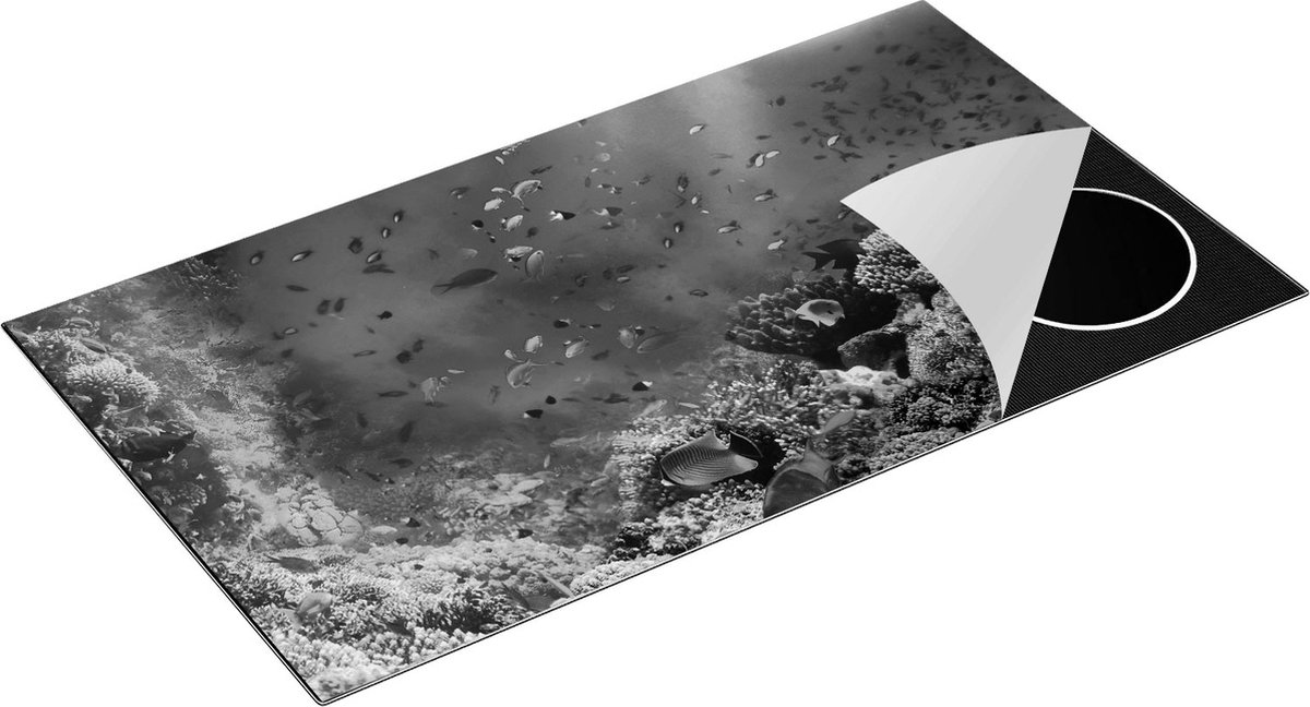 Chefcare Inductie Beschermer Onderwater Vissen met Koraal in de Zee - Zwart Wit - 95x55 cm - Afdekplaat Inductie - Kookplaat Beschermer - Inductie Mat