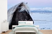 Behang - Fotobehang Paard - Sneeuw - Bruin - Breedte 450 cm x hoogte 300 cm