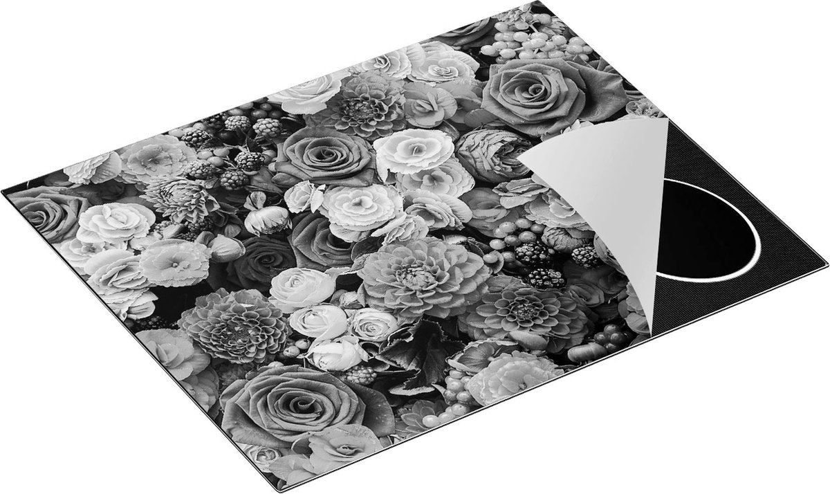 Chefcare Inductie Beschermer Rode en Roze Bloemen met Fruit - Abstract - Zwart Wit - 65x52 cm - Afdekplaat Inductie - Kookplaat Beschermer - Inductie Mat
