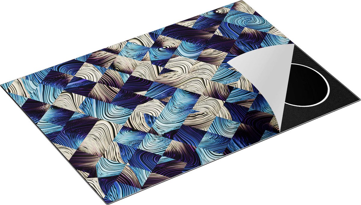 Chefcare Inductie Beschermer Abstracte Kunst met Blauwe en Gouden Ruiten - 75x55 cm - Afdekplaat Inductie - Kookplaat Beschermer - Inductie Mat
