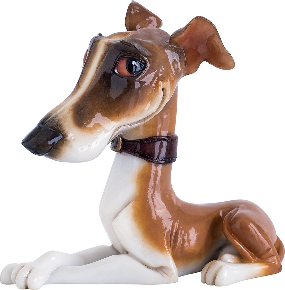MadDeco ludiek beeldje Whippet pup - bruin wit - polystone - 11.5 cm hoog - onze kleine vriendjes zie foto