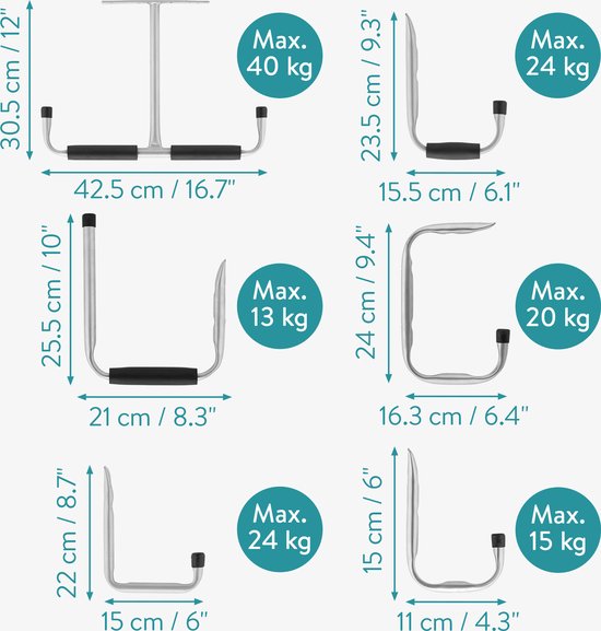 Relaxdays Wandhaken 4er Set, bis 40 kg, Stahl, Universalhaken für Garage, Werkstatt, Keller
