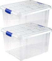 2x stuks opslagboxen/bakken/organizers met deksel 25 liter van 42 x 36 x 25 cm transparant plastic