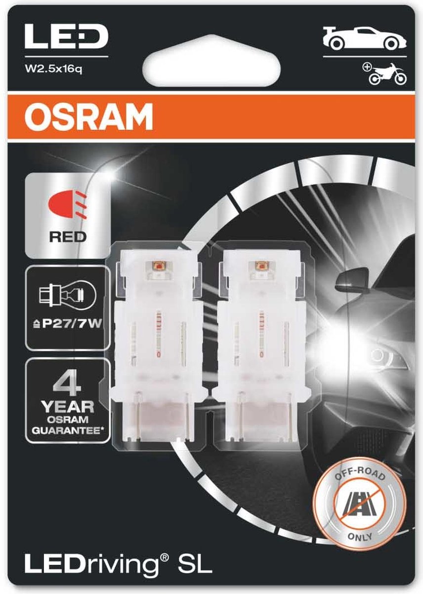 Osram P27/7W LED Retrofit Rood 12V W2.5x16q 2 Stuks