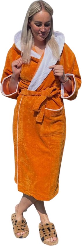 Peignoir Luxe bambou coton/polaire - avec capuche - peignoir sauna - peignoir femme - peignoir homme - terra/orange - taille XL