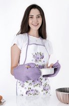 Lavendel PVC Keukenschort en Ovenwanten Set | Kookschort - 55 x 75cm | Handdoek - 30 x 50 | Keukenschort| Waterdichte achterkant | Keukenschort | Katoen | Paarse-Wit
