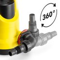 Gele dompelpomp met 360° pijlvormige rotatie-indicator op de zwarte uitlaatconnector.