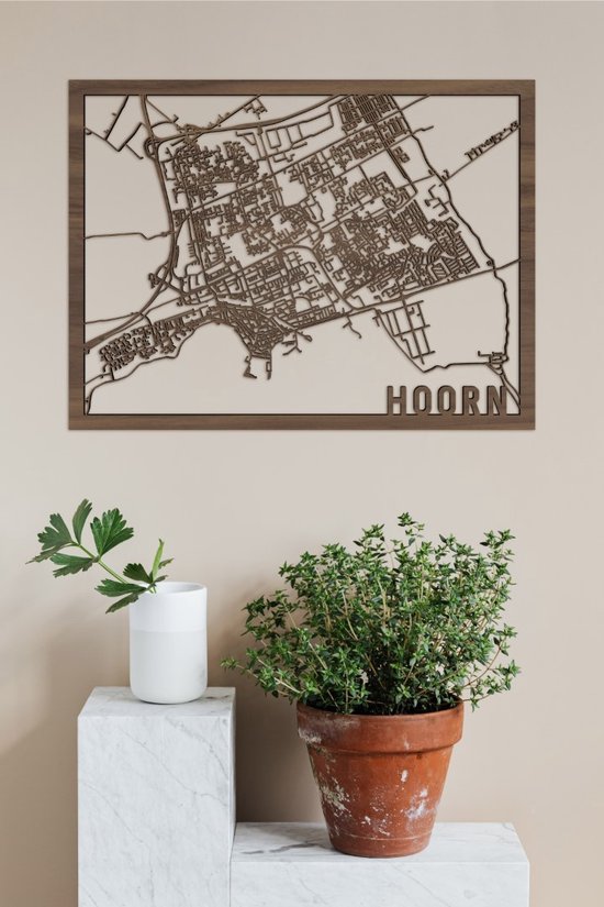 Houten Stadskaart Hoorn Notenhout 50x70cm Wanddecoratie Voor Aan De Muur City Shapes