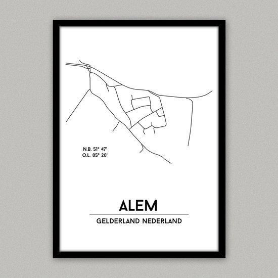 Alem city poster, A3 met lijst (30x40 cm), plattegrond poster, woonplaatsposter, woonposter