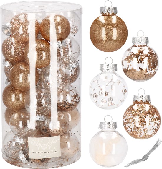 Springos Kerstballen | Kerstversiering | Onbreekbaar | 30 Stuks | 6 cm | Transparant/Goud/Zilver