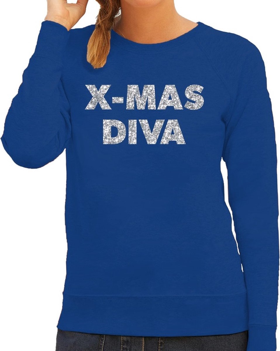 Afbeelding van product Bellatio Decorations  Foute Kersttrui / sweater - Christmas Diva - zilver / glitter - blauw - dames - kerstkleding / kerst outfit M  - maat M