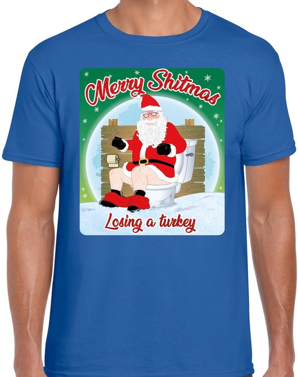 Afbeelding van product Bellatio Decorations  Fout Kerstshirt / t-shirt - Merry shitmas losing a turkey - blauw voor heren - kerstkleding / kerst outfit XL  - maat XL
