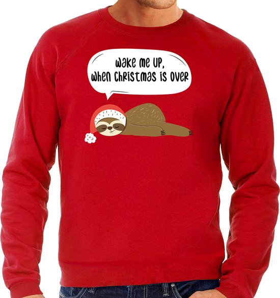 Luiaard Kerstsweater / Kerst trui Wake me up when christmas is over rood voor heren - Kerstkleding / Christmas outfit S