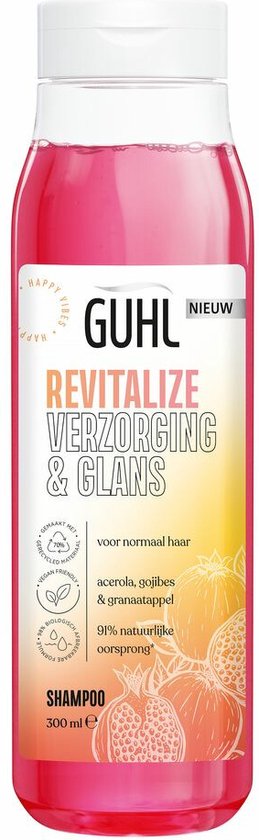 Fles Guhl Revitalize shampoo met acerola, gojibes en granaatappel voor normaal haar. De fles is gevuld met een roze vloeistof.