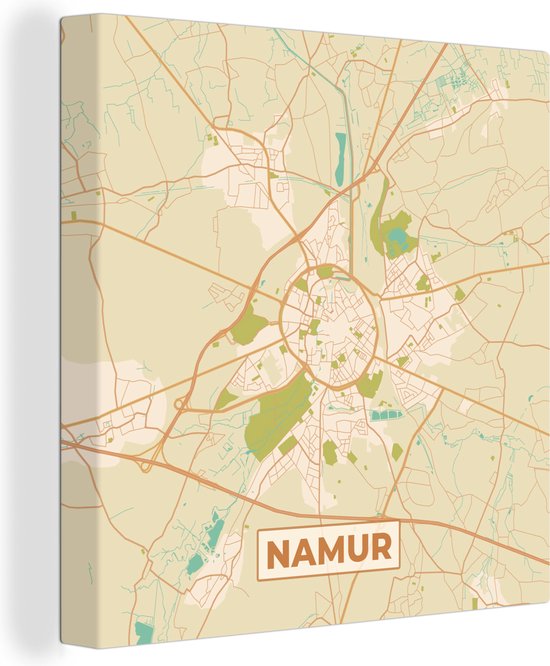 Carte vintage de la ville de Namur sur fond beige, avec des routes couleur cuivre et des parcs verts.