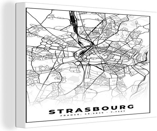 Canvas Schilderij Frankrijk - Kaart - Strasbourg - Plattegrond - Stadskaart - Zwart wit - 120x80 cm - Wanddecoratie