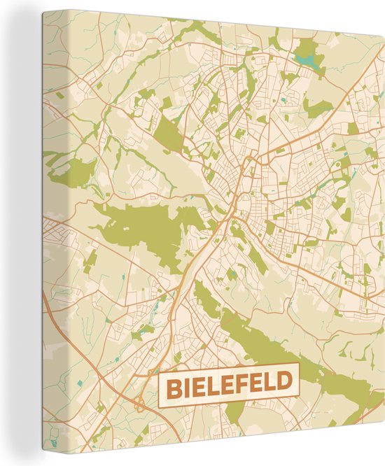 Canvas Schilderij Plattegrond - Stadskaart - Vintage - Bielefeld - Kaart - 90x90 cm - Wanddecoratie