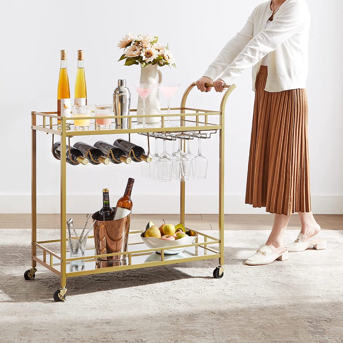 Chariot à Boissons VASAGLE 2 Niveaux - Verre Réfléchissant, Porte-Bouteilles Et Verres - Doré - 90cm
