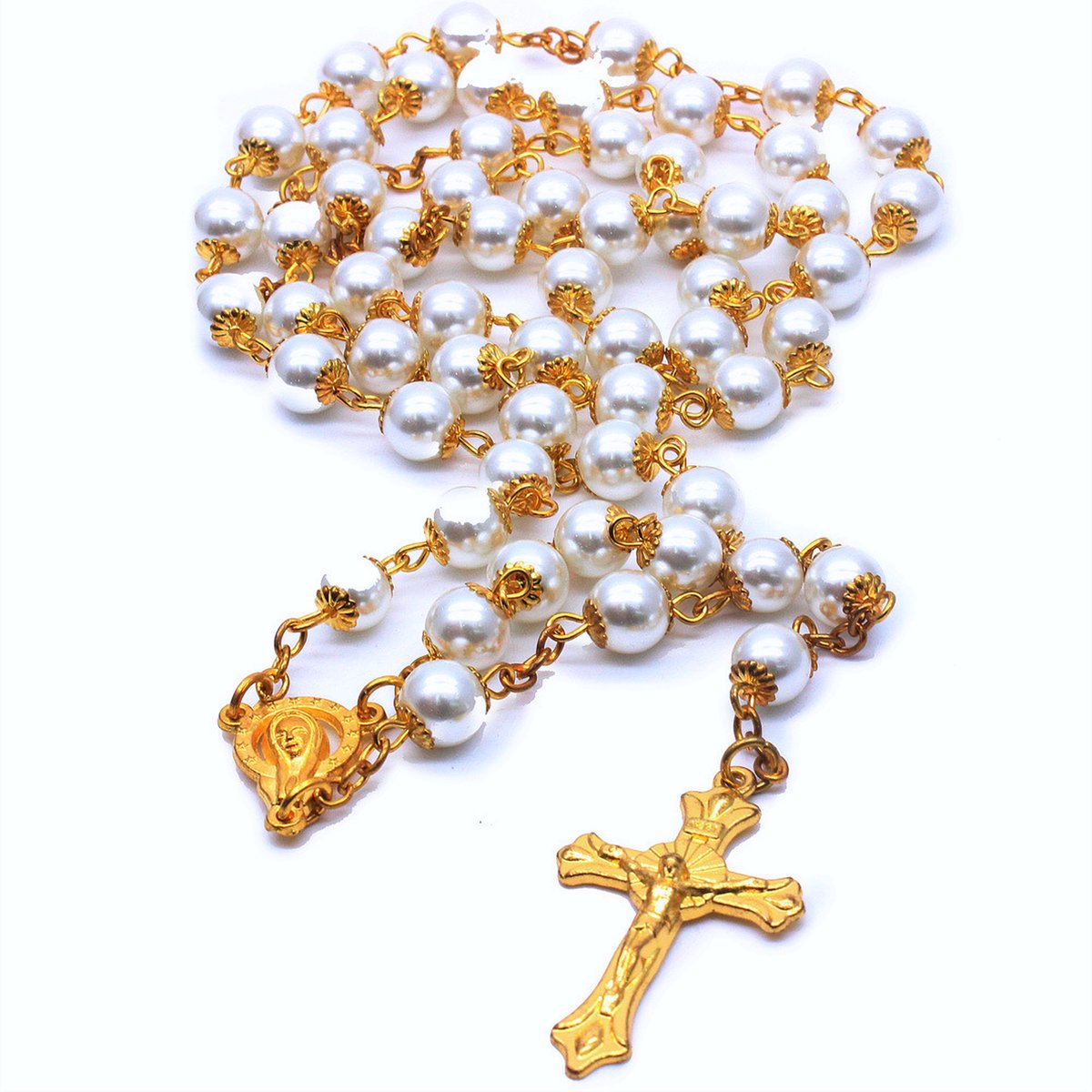 ICYBOY 18K Religieus Witte Parel Bedel Ketting met Jezus Kruis Pendant Verguld Goud [GOLD-PLATED] [ICED OUT] [50CM] - White Pearl Prayer Beads Necklace Gold Virgin Mary Pendant Jesus Cross Necklace for Christian Religion