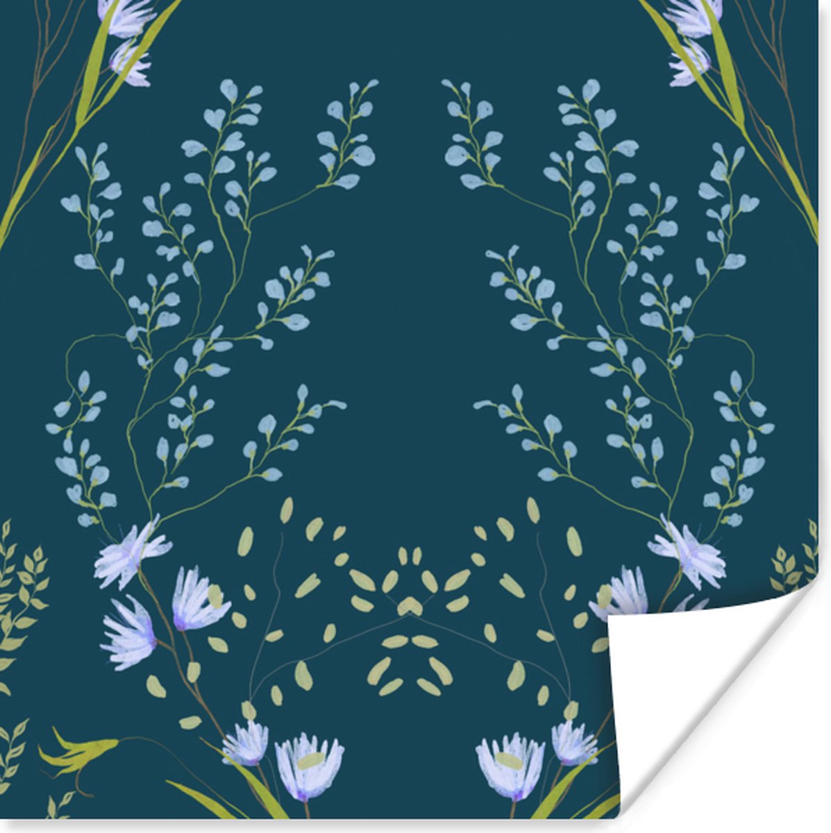 Poster Design - Bloemen - Pastel - Blauw - 75x75 cm