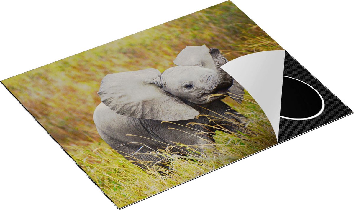 Chefcare Inductie Beschermer Olifanten Baby in het Gras - Olifant - 65x50 cm - Afdekplaat Inductie - Kookplaat Beschermer - Inductie Mat