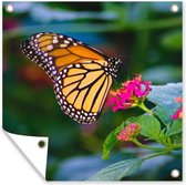 Tuinposter - Vlinders - Bloemen - Roze - Flora - Tuindecoratie - 50x50 cm - Tuindoek - Tuinschilderij