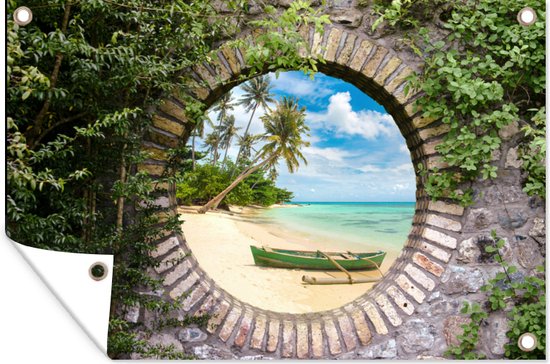 Jardin - Palmier - Vue - Pierre - Canoë - Toile de clôture - 120x80 cm - Affiche de jardin - Toile de jardin