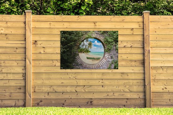 Jardin - Palmier - Vue - Pierre - Canoë - Toile de clôture - 120x80 cm - Affiche de jardin - Toile de jardin