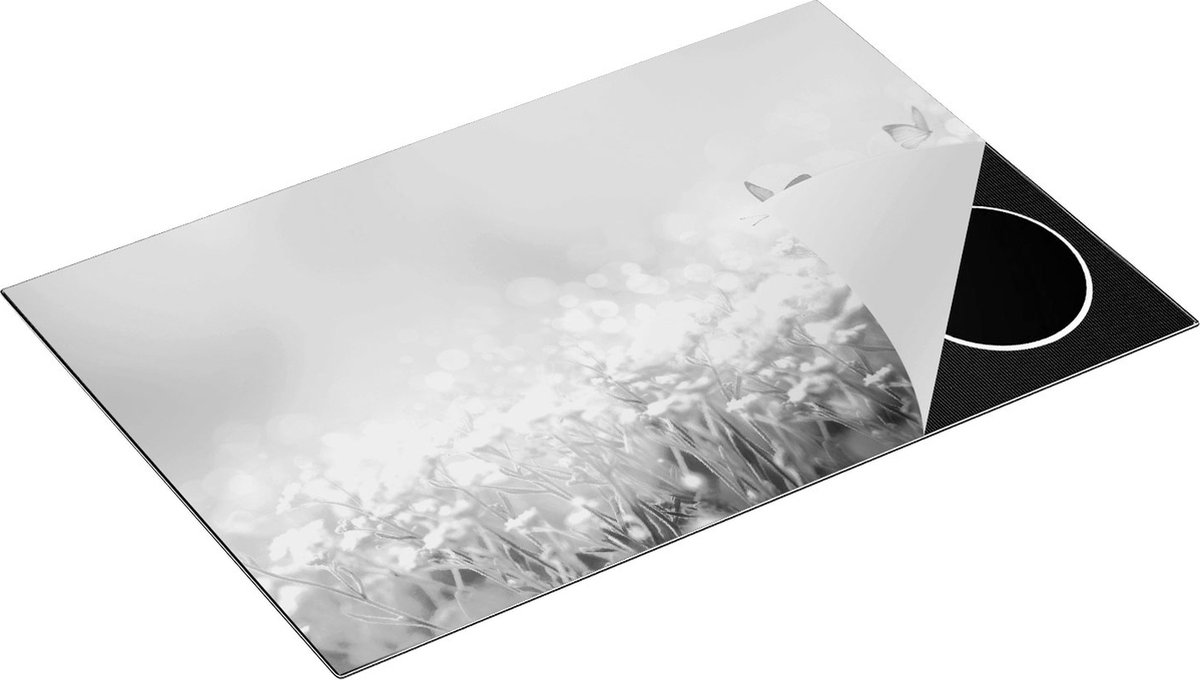 Chefcare Inductie Beschermer Twee Blauwe Vlinders bij Roze Bloemen - Zwart Wit - 81,2x52 cm - Afdekplaat Inductie - Kookplaat Beschermer - Inductie Mat