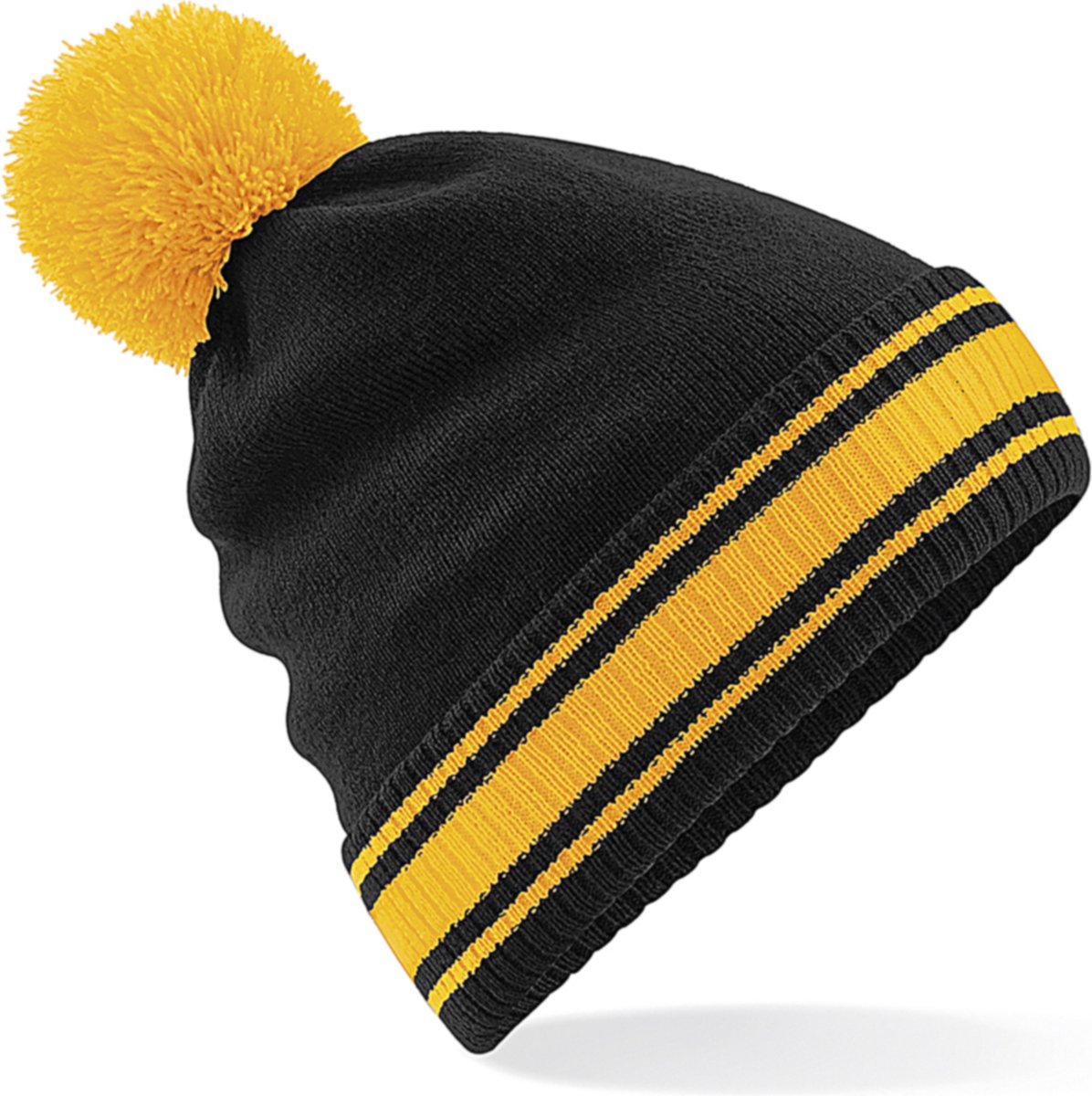 Comfortabele 'Pom Pom' Beanie Wintermuts Zwart/Geel (95116)
