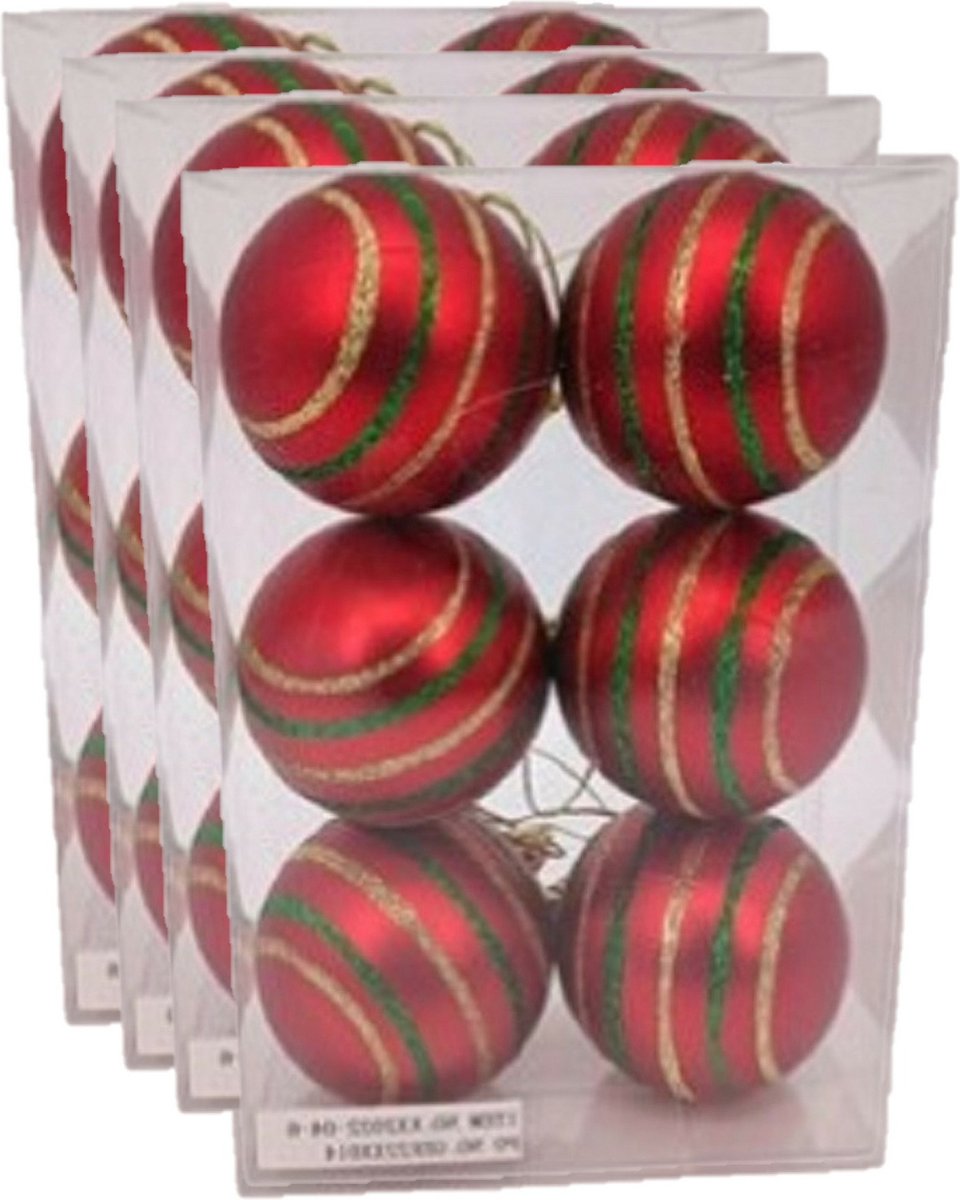24x stuks gedecoreerde kerstballen rood kunststof diameter 6 cm - Kerstboom versiering