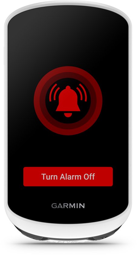 Garmin Edge Explore 2 met een rood alarmicoon en knop 'Alarm uitschakelen'.
