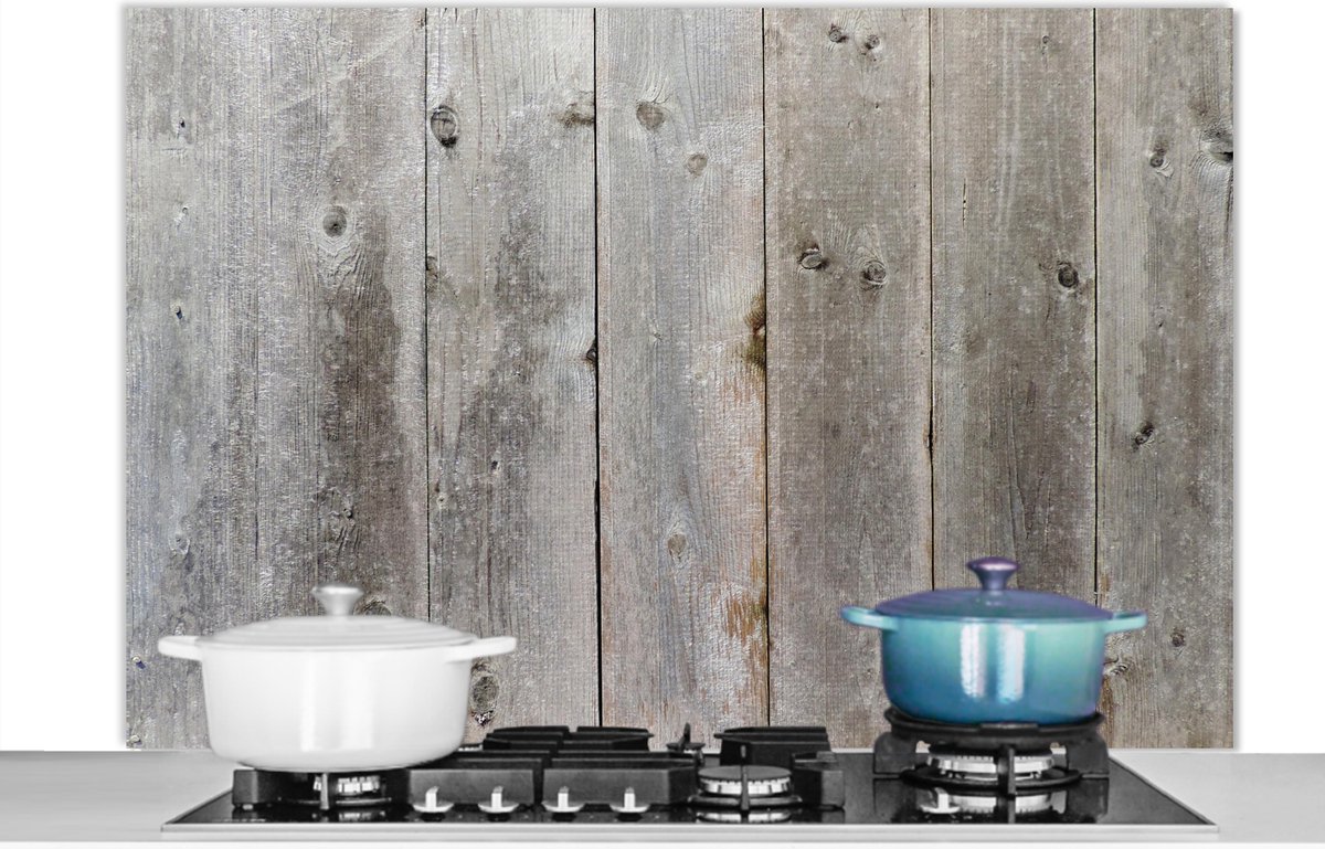Spatscherm keuken - Spatbord - Houten plank - Structuur - Grijs - Hout - Spatwand -120x80 cm