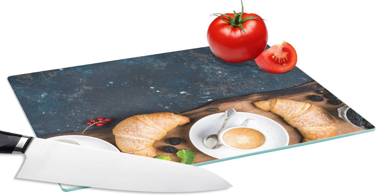 Glazen Snijplank - 28x20 - Croissant - Fruit - Koffie - Keuken - Snijplanken Glas