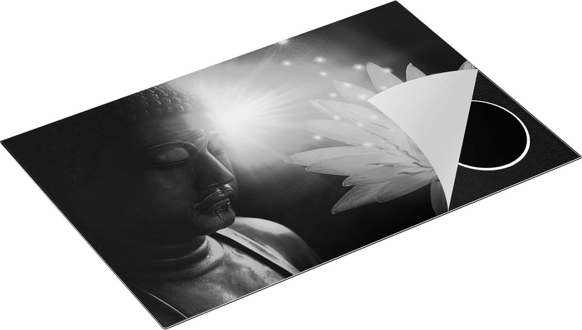 Chefcare Inductie Beschermer Boeddha Beeld met Bloem - Zwart Wit - 83x51,5 cm - Afdekplaat Inductie - Kookplaat Beschermer - Inductie Mat