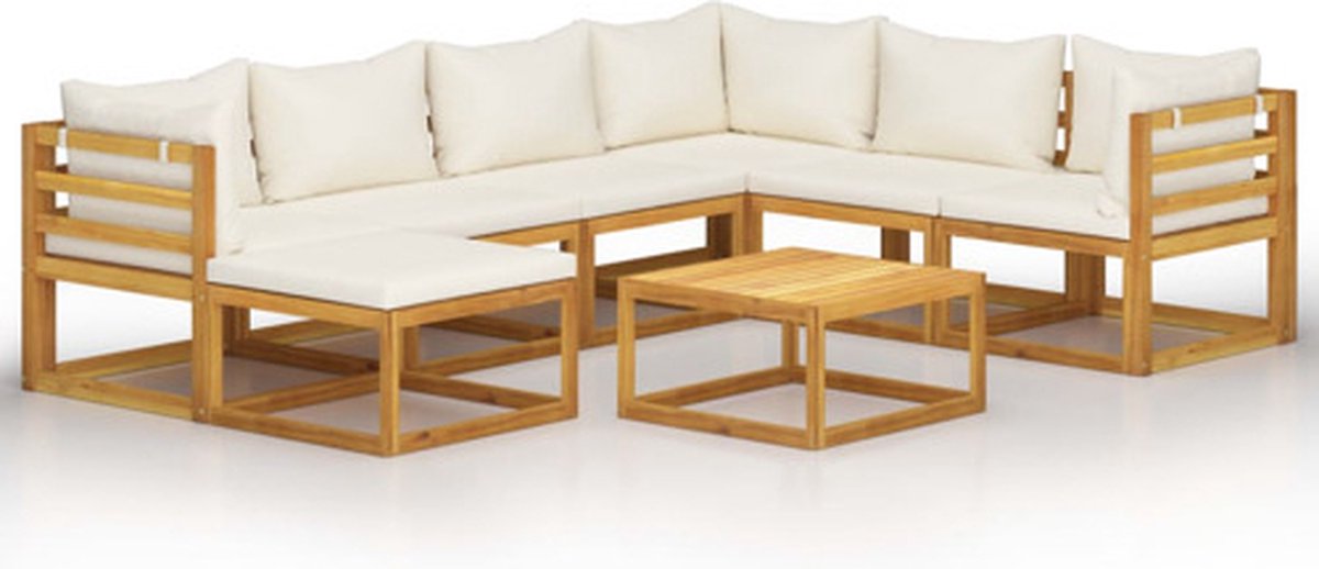 Bol.com vidaXL - 8-delige - Loungeset - met - kussens - massief - acaciahout - crème aanbieding
