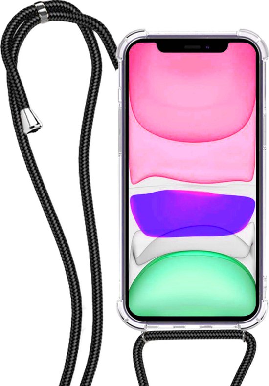iPhone 11 in transparante hoes met zwart koord.