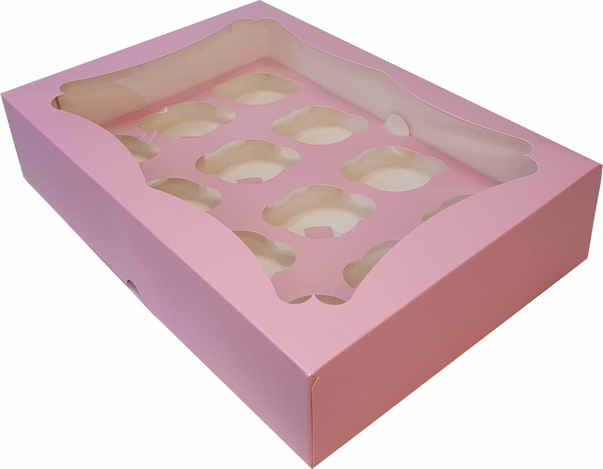 Roze doos voor 12 cupcakes met sierlijk venster ( 25 stuks)