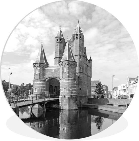 WallCircle - Wandcirkel ⌀ 140 - Amsterdamse poort bij de grachten - zwart wit - Ronde schilderijen woonkamer - Wandbord rond - Muurdecoratie cirkel - Kamer decoratie binnen - Wanddecoratie muurcirkel - Woonaccessoires