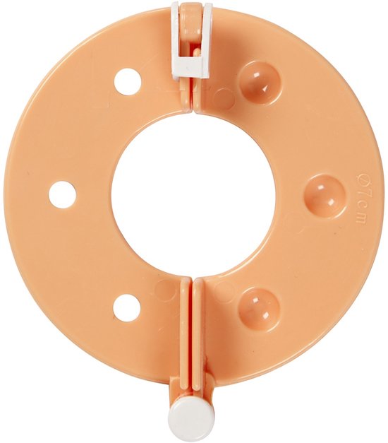 Een enkele perzikkleurige pomponmaker van plastic met scharnierende delen en witte clips.