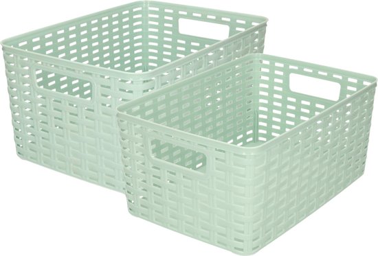 Set de 8 x boîtes de rangement / paniers de rangement en plastique vert menthe en rotin avec contenu 6 et 10 litres