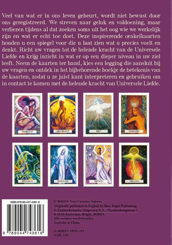Acht kaarten met afbeeldingen: 'Omhelzing', 'Zelfverwant', 'Vrede', 'Overvloed', 'Betovering', 'Zegeningen', 'Vergiffenis', 'Geboren'. Tekst achtergrond: veel wat er in ons gebeurt wordt niet bewust door ons geregistreerd.