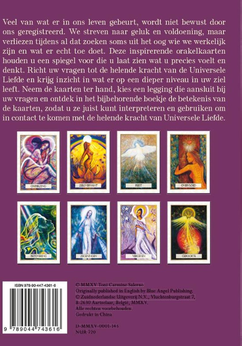 Acht kaarten met afbeeldingen: 'Omhelzing', 'Zelfverwant', 'Vrede', 'Overvloed', 'Betovering', 'Zegeningen', 'Vergiffenis', 'Geboren'. Tekst achtergrond: veel wat er in ons gebeurt wordt niet bewust door ons geregistreerd.