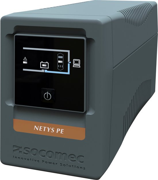 Onduleur Socomec NETYS PE gris avec écran noir à icônes, bande orange et logo.
