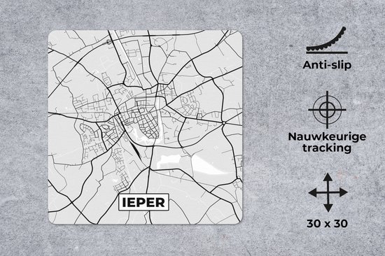 Muismat 30x30 cm - Mousepad Zwart Wit – België – Plattegrond – Stadskaart – Kaart – Ieper - Muismatten - Stadskaart