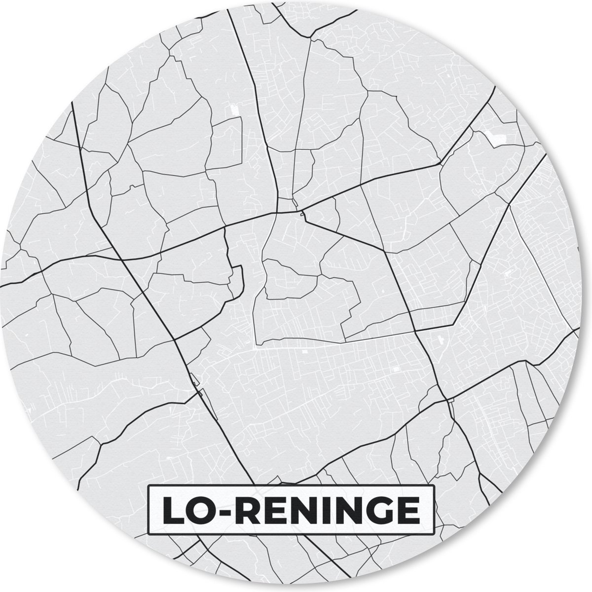 Muismat - Mousepad - Rond - België – Lo Reninge – Stadskaart – Kaart – Zwart Wit – Plattegrond - 20x20 cm - Ronde muismat