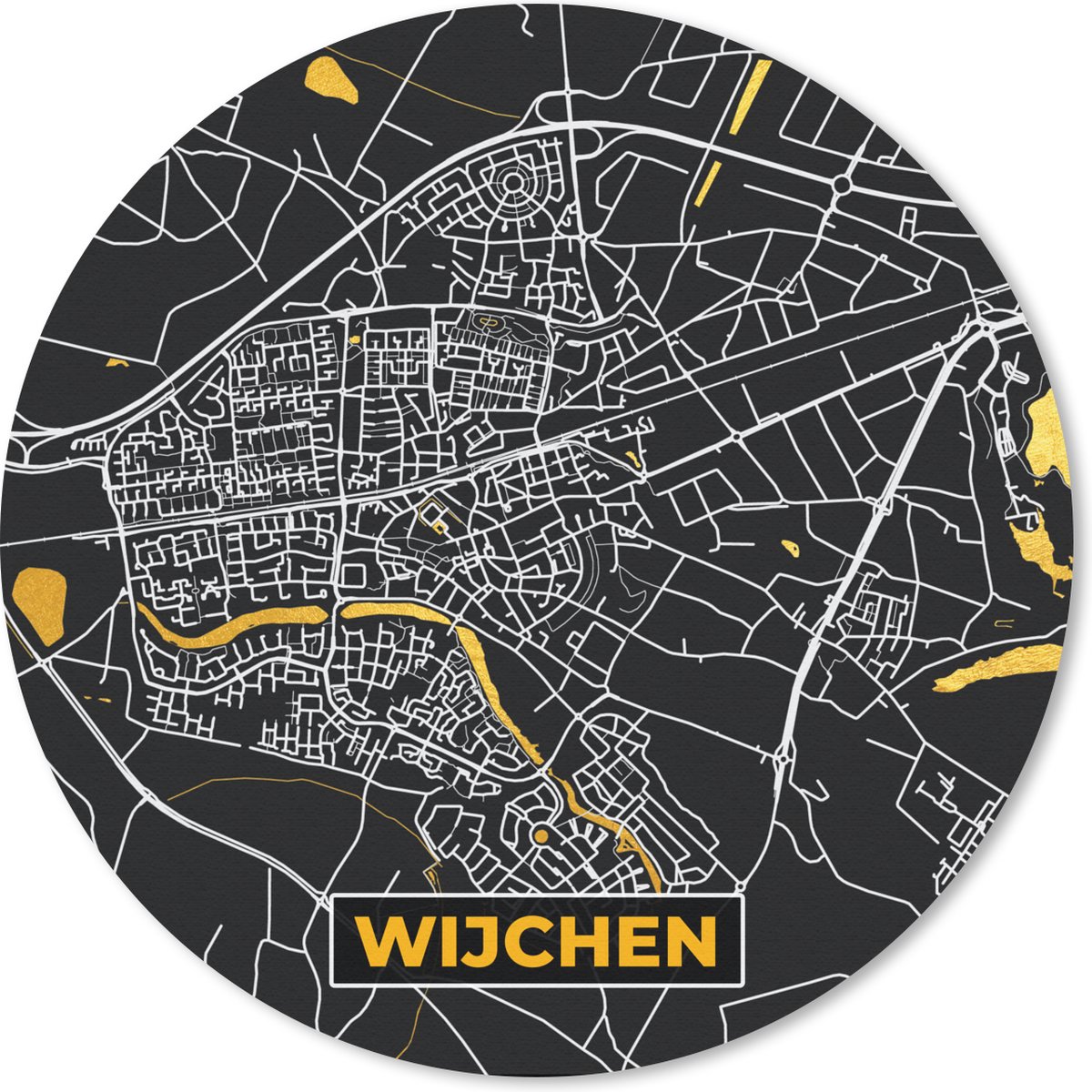 Muismat rond 30x30 cm - Mousepad Wijchen - Black and Gold - Stadskaart - Plattegrond - Kaart - Ronde muismatten - Stadskaart