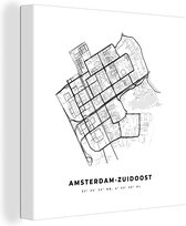 Canvas Schilderij Stadskaart – Zwart Wit - Kaart – Amsterdam Zuidoost – Nederland – Plattegrond - 90x90 cm - Wanddecoratie
