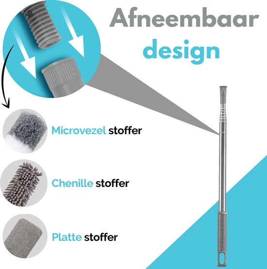 Trois plumeaux : microfibre, chenille et plat, avec des flèches montrant le manche télescopique.