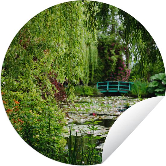 Tuincirkel Japanse groene brug op een zomerdag in Monet's tuin in Frankrijk - 90x90 cm - Ronde Tuinposter - Buiten